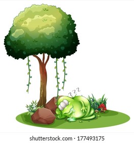 Illustration of a fat green monster sleeping under the tree on a white background