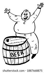 Illustration Of Fat Joyful Man Standing Next To A Beer Barrel