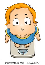 Illustration of a Fat Kid Boy Looking Up While Standing on a Weighing Scale