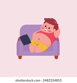 illustration of a fat little boy who likes to eat and is lazy, preferring to spend time at home