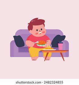 illustration of a fat little boy who likes to eat and is lazy, preferring to spend time at home