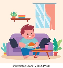 illustration of a fat little boy who likes to eat and is lazy, preferring to spend time at home