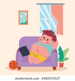 illustration of a fat little boy who likes to eat and is lazy, preferring to spend time at home