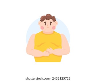 Ilustración de un hombre gordo. se siente incómodo porque su cuerpo es gordo. Síndrome de Cushing, obesidad, sobrepeso. problemas de salud. diseño de ilustración de carácter de estilo plano. elementos gráficos. vector