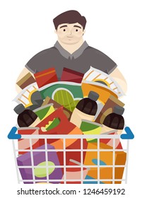 Illustration of a Fat Man Pushing a Grocery Cart Full of Junk Food from Soda, Chips, Cereals and other Food