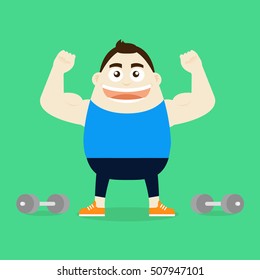 The Illustration of a fat man is very strong at the gymnasium. Vector illustration flat style.