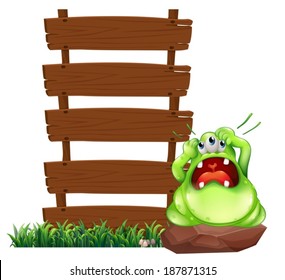 Illustration of a fat monster above the rock beside the empty signboards on a white background