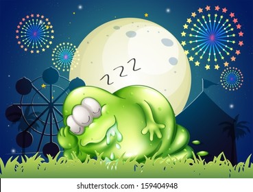 Illustration of a fat monster sleeping at the carnival in the middle of the night