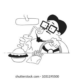An illustration of a fat person driving while eating fast food.
