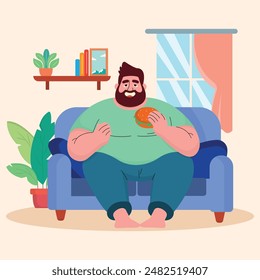 illustration of a fat person who likes to eat and is lazy, preferring to spend time at home