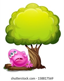 Illustration of a fat pink beanie monster resting under the giant tree on a white background
