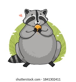 Illustration of a fat raccoon with cracker cookies