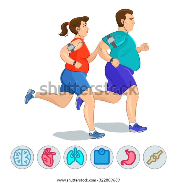太ったランナーのイラスト 2人で走る 健康志向のコンセプ スポーツ好きの女性と男性のジョギング のベクター画像素材 ロイヤリティフリー