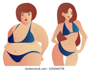 Illustration of a fat and slim woman figure. Change yourself. Before and after weight loss.	