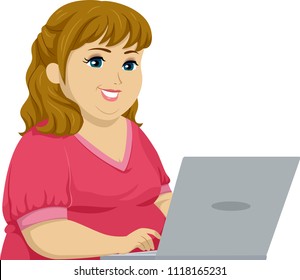 Illustration of a Fat Teenage Girl Using a Laptop