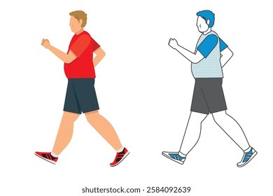 Illustration of a fat white man taking a walk, walking, walking Flat design Set of color and two-color illustrations.