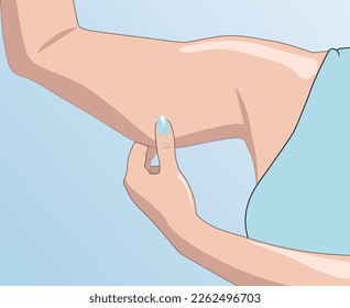 Illustration. A fat woman in a blue t-shirt shows fat deposits on her arms. Overweight treatment.