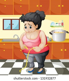 Illustration of a fat woman inside the kitchen