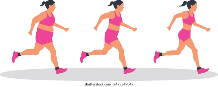 Illustration of a fat woman jogging to a slim shape.Three types of female body types. Healthy lifestyle. Lose weight. Sports, running, training, jogging, marathon,  cardio training, physical exercise.