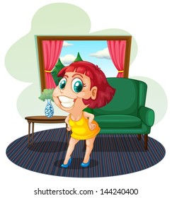 Illustration of a fat young woman inside the house on a white background