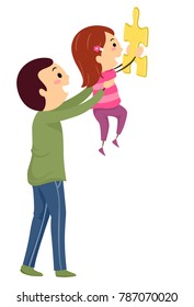 Illustration of a Father Carrying His Daughter to Solve a Jigsaw Puzzle Above