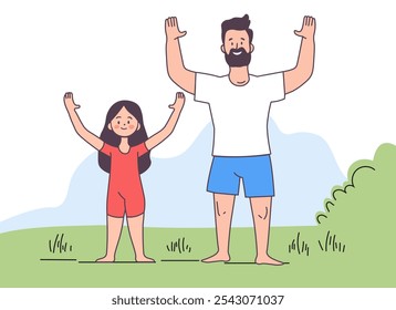 Illustration of a father and child exercising together outdoors, symbolizing family bonding, health, and an active lifestyle.