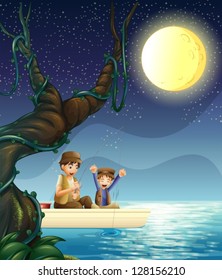 Illustration of a father and child fishing