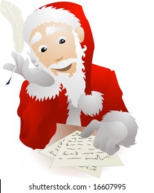 An illustration of Father Christmas or Santa Claus checking his Christmas list or replying to childrenâ??s letters