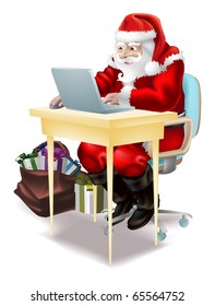 Illustration of father christmas  shopping on-line or writing his "naughty and nice" list on christmas eve