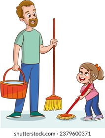 Illustration of a Father and Daughter Cleaning the Floor with a Mop.Family housework. Parents and kids clean up house.Cartoon vector illustration isolated.