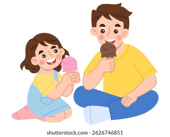 Illustration of  father and daughter enjoying ice cream