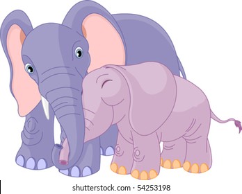 Illustration of father elephant hugging his baby