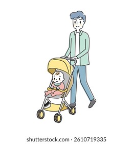 Illustration of a father going out with a baby in a stroller