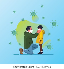 Illustration of father help his son to wear mask