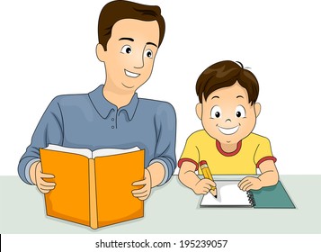 Illustration of a Father Helping His Answer His Homework