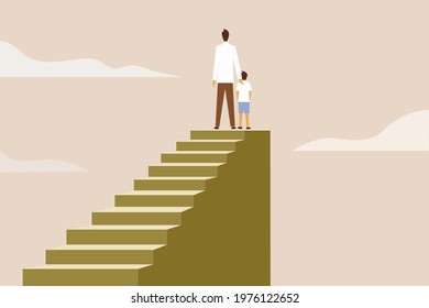 Illustration of a father and his son standing high on the steps. Concept for father's day