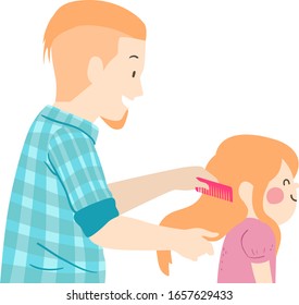 Illustration of a Father Holding Comb and Combing His Kid Girl Hair