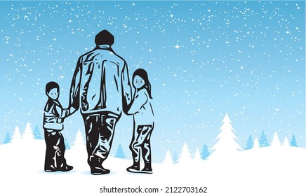 Illustration of a father holding his hands tightly and walking with children looking behind him on snowy roads in winter.