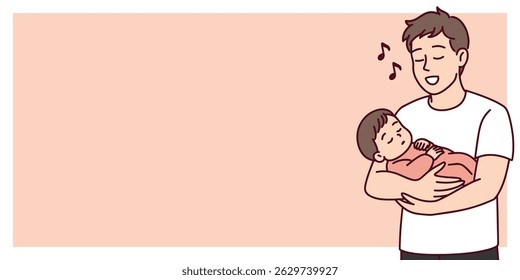 Illustration of father holding sleeping daughter lovingly, representing emotional bonding, care and trust, with additional space for text on the right side. Copy space