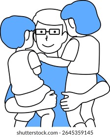Illustration of a father holding two children