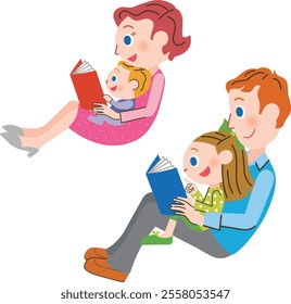 Illustration of a father and mother holding each other and reading a book