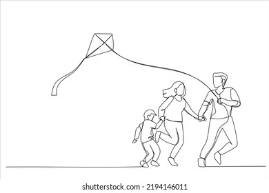 Illustration of father, mother and kid flying a kite outdoor. One line art style
 svg
