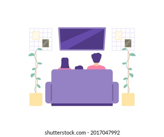 ilustración de padre, madre e hijo sentados en el sofá mientras ven la televisión. tiempo familiar, relax juntos, entretenimiento en la habitación familiar. eventos familiares. estilo de dibujos animados planos. decoración