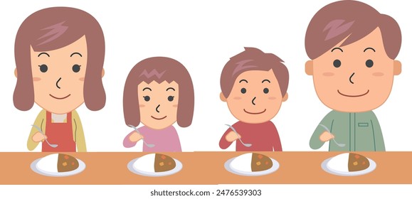 
Illustration of a father, mother, and two children eating curry and rice