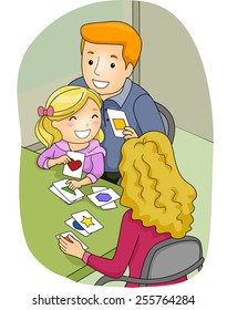 Illustration of a Father and Mother Using Flashcards to Teach Their Daughter How to Identify Shapes