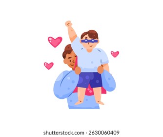 illustration of a father playing with his son. father and son playing together. playing hero. togetherness of parents and children. happy family. activities and people. flat style character design