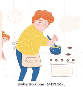 Illustration of a father preparing a meal. Daughter spies on her father. Characters in the kitchen for a childrens book. Trendy flat style childish illustration. Fathers day. Incomplete family.