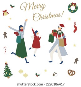 It is an illustration of Father Santa Claus buying a lot of presents for his family.