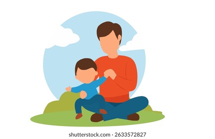Illustration of a father sitting with his son on grass under a blue sky. A peaceful and heartwarming scene that suits Father’s Day or family-themed designs
