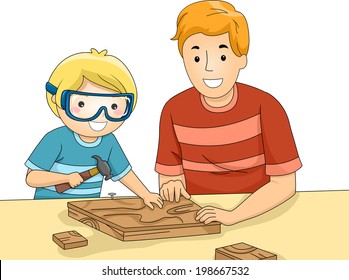 Ilustración de un padre y un hijo que se unen en un proyecto de madera